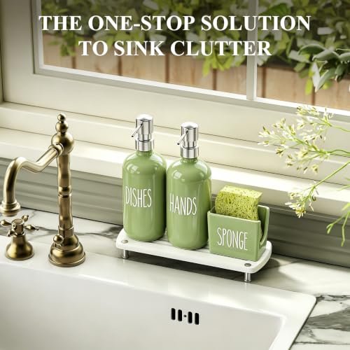 Cisily Olive Green Kitchen Soap Dispenser Set with Ceramics Sponge Holder | Stainless Steel Silver Pumps, and Instant Dry Tray, Hand and Dish Soap Dispenser Set, Kitchen Sink Olive Green Decor - color: Olive Green+ Silver+ Sponge Holder