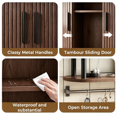 Fluted Bathroom Wall Cabinet, Wall Mounted Medicine Cabinet with Sliding Tambour Door & Adjustable Shelf, 3-Tier Over the Toilet Storage Cabinet for Laundry Room, Kitchen, Walnut - color: Walnut