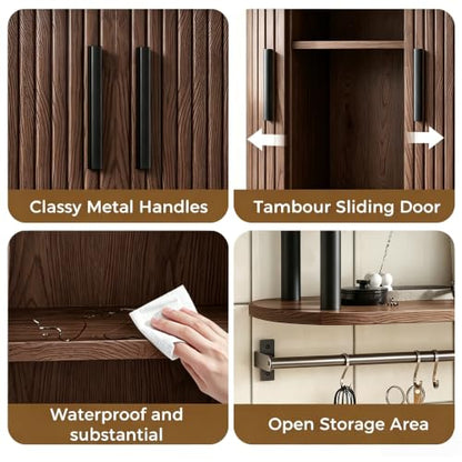 Fluted Bathroom Wall Cabinet, Wall Mounted Medicine Cabinet with Sliding Tambour Door & Adjustable Shelf, 3-Tier Over the Toilet Storage Cabinet for Laundry Room, Kitchen, Walnut - color: Walnut