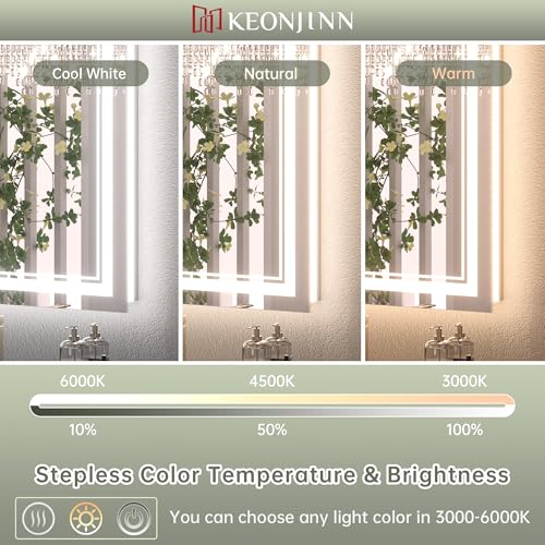 Keonjinn 30 x 36 Inch LED Bathroom Mirror with Lights, Frontlit and Backlit | HD Tempered Glass, Separately Frontlit/Backlit, Double Light Strips, Stepless 3 Colors Temperature & Dimmable, Fast Anti fog - size: 36"L x 30"W