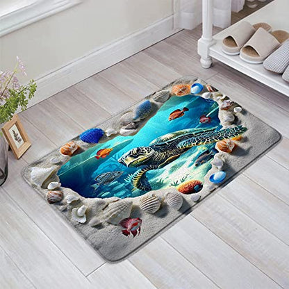 Sea Turtle Bath Mat Bathroom Rug, Ocean Beach Shell Underwater World Tropical Fish Summer Memory Foam Bathroom Kitchen Bedroom Livingroom Soft Floor Rug, 24"x70" - size: 24x70 Inch(60x180CM)