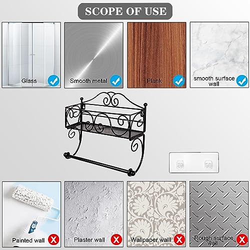 Adhesive Paper Towel Holder with Shelf, Wall Mount, 12in Black for Kitchen, Hand Towel Holder for Bathroom with Shelf