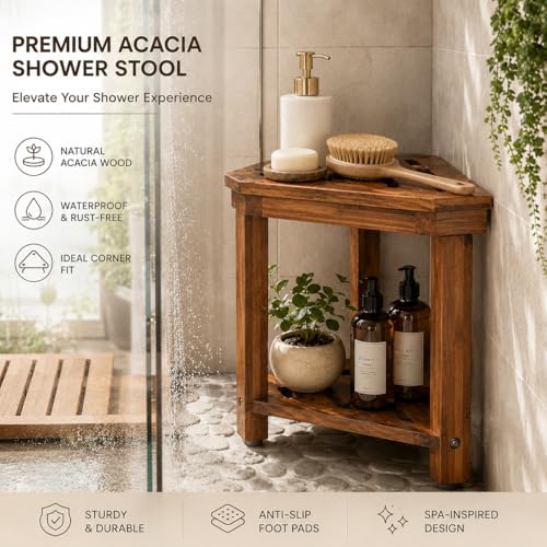 Acacia Wood Shower Stool for Shaving Legs, Corner Bath Shower Bench | Shower Foot Rest with Storage Shelf for Inside Small Shower Spaces, Waterproof Shower Foot Stool for Inside Shower