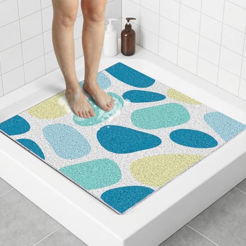 Anti Slip Loofah Shower Mat, 27"x27" Large Square Shower Mats for Stand Up Showers, Quick Drying Bathtub Mat for Wet Room & Bathroom Floor, Easy to Cut & Easy to Clean, Blue Stone - color: Blue Stone, size: 27" x 27" (Square)