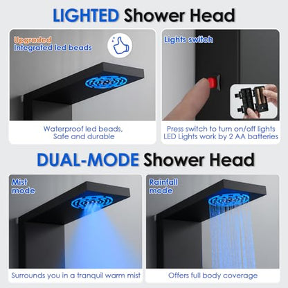 ROVOGO Shower Panel Tower System W/Led Lights, 5 Shower Modes, Matte Black | Rainfall Mist Shower Head, 3 Body Jets, Handheld and Tub Spout, Stainless Steel Shower Column With Mixing Valve, 46.5 Inch - style: Black- With Led Lights