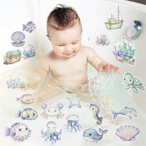 Bathtub Non-Slip Stickers for Shower - 20 PCS Bathroom Large Cute Sea Creature Anti-Slip Grips Stickers with Scraper for Kids Bath Tub and Slippery Floor Decor