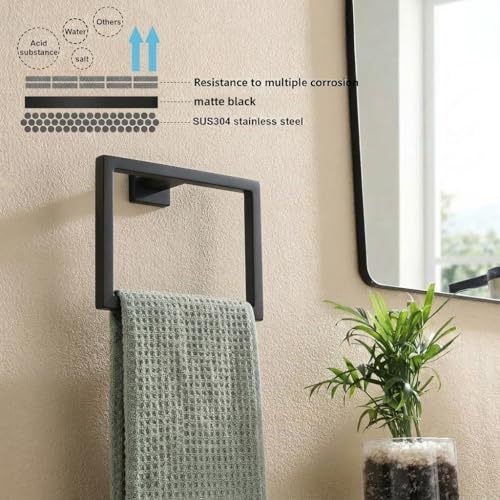 5-Piece Bathroom Hardware Set, 23.6 in Towel Bar, Matte Black | SUS304 stainless steel, 55 mm square bases, concealed screw mount, towel ring, toilet paper holder, 2 robe hooks - color: Matte Black