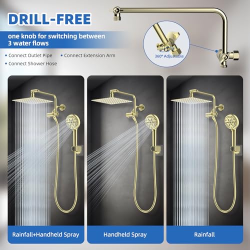 10" Metal Rainfall Shower Head with 10-Mode Handheld, Shiny Gold | NSF/ANSI/CAN 372 Certified, High Pressure Showerhead Combo with 11" Adjustable Shower Arm, 71" Hose, Shower Head Holder - color: Polished Gold, style: Square 10"