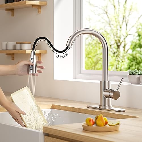 Kitchen Faucet with Pull-Down Spray Single Handle high arc Commercial Stainless Steel Brushed Nickel Kitchen Sink Faucet with Deck Suitable for bar Laundry RV Farmhouse (Brushed Nickel) - color: Brushed Nickel, style: Standard
