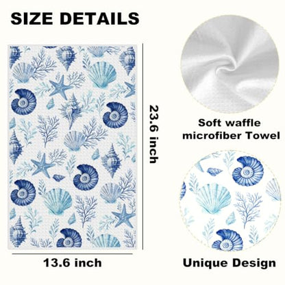 Coastal Beach Waffle Kitchen Towel Soft Absorbent Hand Tea Towels Set of 2 - color: Multi 1572