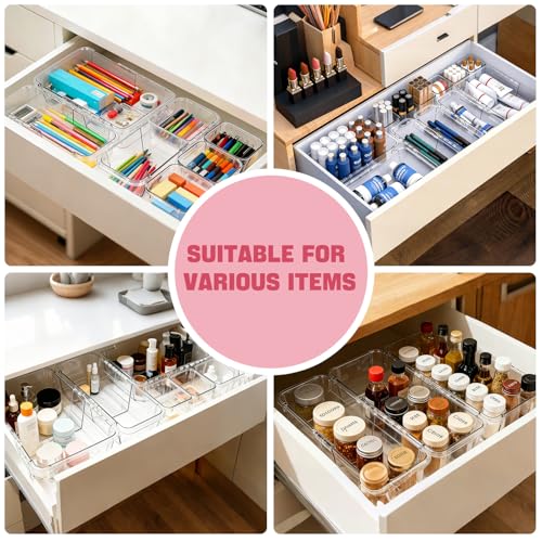 16 PCS Extendable Drawer Organizer Set Clear Stackable Vanity Storage Bins | 2-Size BPA-Free Acrylic Trays, Non-Slip Stackable Boxes for Makeup Cosmetics Office Desk Utensils Bathroom Dresser Countertop