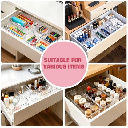16 PCS Extendable Drawer Organizer Set Clear Stackable Vanity Storage Bins | 2-Size BPA-Free Acrylic Trays, Non-Slip Stackable Boxes for Makeup Cosmetics Office Desk Utensils Bathroom Dresser Countertop