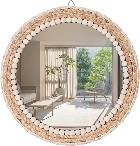 OYPEIP 20”Large Nature Rattan Boho Innovative Art Decoration Round Makeup Mirror Dressing Bedroom Bathroom Wall Mounted Hanging Mirrors Craft Photo Props…