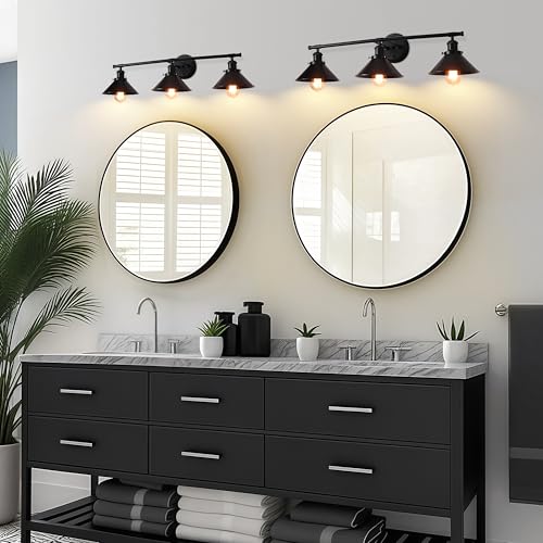Upgrade Black Farmhouse Bathroom Light Fixtures, Vanity Lights for Bathroom | 32" Larger Size, Solid Metal Shade, Matte Black Vanity Light, 32"-48" Mirror, 3-Light Rustic Industrial Kitchen Wall Sconce - size: 3-Light