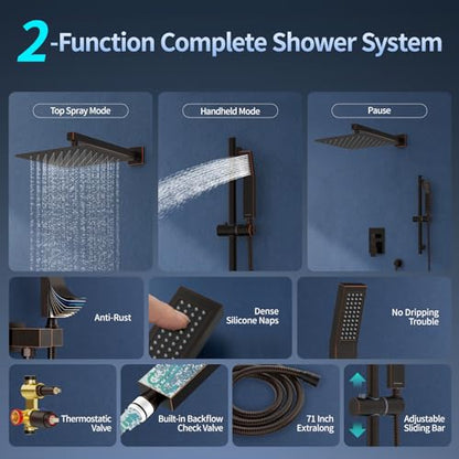 SR SUN RISE 12 Inch Square Shower System with Slide Bar,Oil Rubbed Bronze | Rain Head and Handle System,16" Adjustable Shower Slide Bar,Soild Brass,Wall Mount,Included Valve and Trim Kit - color: Oil Rubbed Bronze, size: 12 Inch