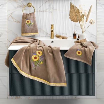 Jubilant 4-Piece Premium Towel Set, Vibrant Floral Applique, Luxurious Turkish Cotton, Soft & Durable, Elegant Bath Ensemble, 2 Bath 2 Hand Towels, Cocoa - color: Cocoa, size: 2 Pcs Bath 2 Pcs Hand Towel