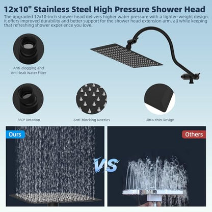 Hibbent 12'' All Metal CUPC Certified Shower Head, High Pressure Rainfall Shower Head, Handheld Showerhead Combo, 12'' Adjustable Extension Arm, 10-Spray, 71'' Hose, Showerhead Holder, Matte Black - color: Matte Black, style: Square 12''