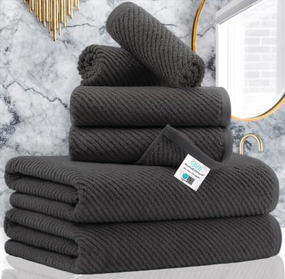 VOOVA & MOVAS 6PC Towel Set, 100% Cotton, Dark Grey | 2 Large Bath 30x56 In, 2 Hand 18x28 In, 2 Washcloths 13x13 In, Quick Dry, Thick, Soft, Towel Gift Set - color: Dark Gray, size: 6 PC Bathroom Towel Set