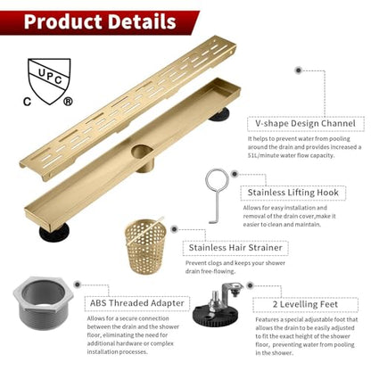 Sharp-tec Linear Shower Drain, 24 inch Shower Drain with Removable Pattern Cover, Brushed Gold 304 Stainless Steel Rectangle Floor Drain, Adjustable Feet and Hair Strainer Included (Model 101) - color: Gold, size: 24 inch