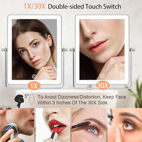 FASCINATE 8.7" 5000mAh Rechargeable Wall Mounted Makeup Mirror (Chrome) | Double Sided 1X/30X Rectangle Wall Mounted Magnifying Mirror with Light, 3 Color Setting, Extended Arm 360° Swivel Foldable - color: Chrome B