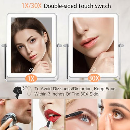 FASCINATE 8.7" 5000mAh Rechargeable Wall Mounted Makeup Mirror (Chrome) | Double Sided 1X/30X Rectangle Wall Mounted Magnifying Mirror with Light, 3 Color Setting, Extended Arm 360° Swivel Foldable - color: Chrome B