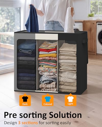 Optish 180L Laundry Hamper 3 Section, Large Laundry Hamper with Lid, Dirty Clothes Hampers with 3 Inner Bags, Laundry Basket Organizer for Laundry, Bedroom, Bathroom, Hamper 3 Compartment - color: Black & White & Grey