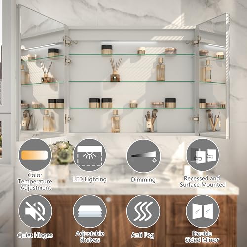 36x30" Wall-Mounted LED Bathroom Medicine Cabinet, Anti-Fog, 3 Color Temp | Surface-Mount/Recessed, Double-Sided Mirror Cabinet with DTC Silent-Close Hinges, Adjustable Tempered Glass Shelf - size: 36W x 30H Inch