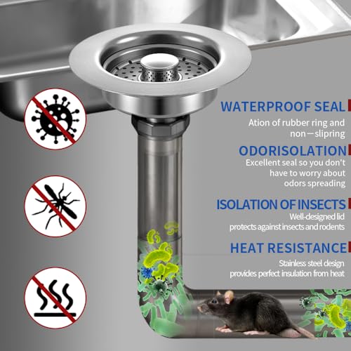 Sink Drain Strainer - Sink Stopper, 3-in-1 Kitchen Stainless Steel Drain Plug with Anti-Clog Basket, Pop-Up Cover