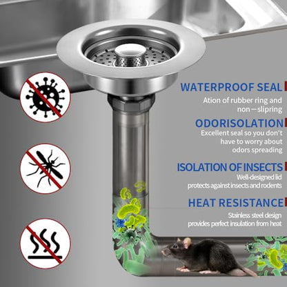 Sink Drain Strainer - Sink Stopper, 3-in-1 Kitchen Stainless Steel Drain Plug with Anti-Clog Basket, Pop-Up Cover