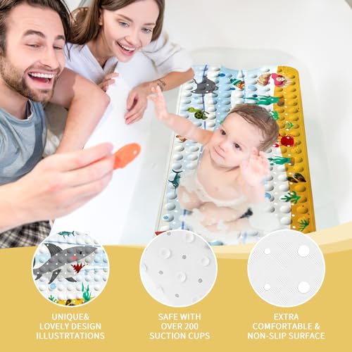 PRATIQUE Kids Bath Mat for Tub Non Slip，40 X 16 Inch Extra Long Kids Bathtub Mat Ocean Bathtub Shower Mat Safety Anti Slip with Suction Cups and Drain Holes, Machine Washable(Shark) - color: Dark Bule
