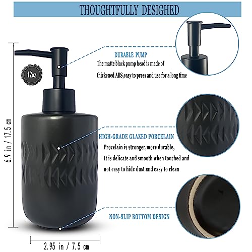 Black Soap Dispenser for Bathroom,Cylindrical Lotion Dispenser,12oz Ceramic Relief Hand Dish Soap Dispenser,Refillable Liquid Dispenser for Kitchen,Matte Black Pump(Relief Black) - color: Relief Black