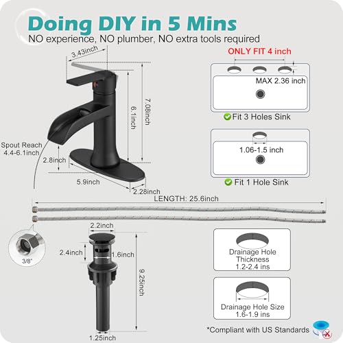 Matte Black Waterfall Bathroom Faucets, 1 Hole or 3 Hole (4 Inch) Bathroom Sink Faucet with Drain, Deck Plate, 1 Handle for Vanity, Restroom, RV, Modern, Brass Material - color: Matte Black