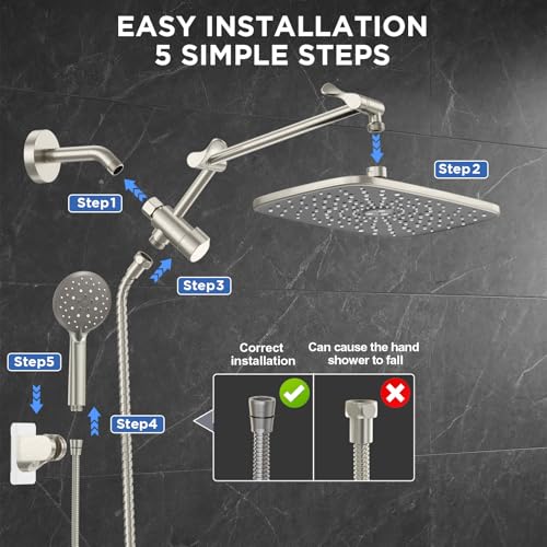 Veken Brushed Nickel 11.8" Shower Head with Handheld,Stain Resistant Finish | Handheld Shower Head with Multi Spray Modes,Rainfall Combo with 15" Metal Extension Arm,Detachable Dual Shower,Regaderas Para - color: Brushed Nickel, size: 11.8 Inch High Press