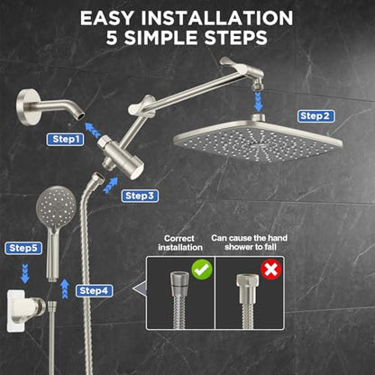 Veken Brushed Nickel 11.8" Shower Head with Handheld,Stain Resistant Finish | Handheld Shower Head with Multi Spray Modes,Rainfall Combo with 15" Metal Extension Arm,Detachable Dual Shower,Regaderas Para - color: Brushed Nickel, size: 11.8 Inch High Press