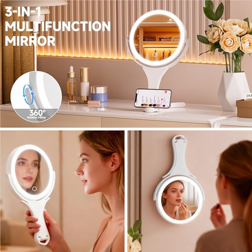 Hasipu Makeup Mirror with Lights 2000mAh Rechargeable Travel Mirror | 1X/10X Magnifying, Phone Stand Design, Rechargeable, 360° Rotatable, 3 Color Dimmable, Tabletop, Handhold, Hanging, White - color: White