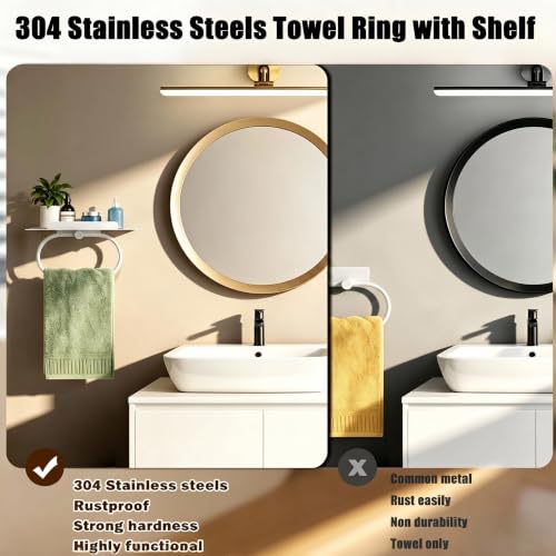 White Hand Towel Ring with Shelf, Wall Mounted Metal Towel Holder with Platform for Candle Phone Cosmetics Small Potted Plant, Towel Rack with Shelf for Home Office Bathroom Kitchen Entrance - color: White