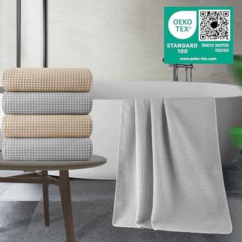 POLYTE 430 GSM Poly Blend Microfiber Quick Dry Waffle Bath Towel, 30x60 in | 4 Pack, Oversize, Lint Free, Body Towel - color: Beige,light Gray