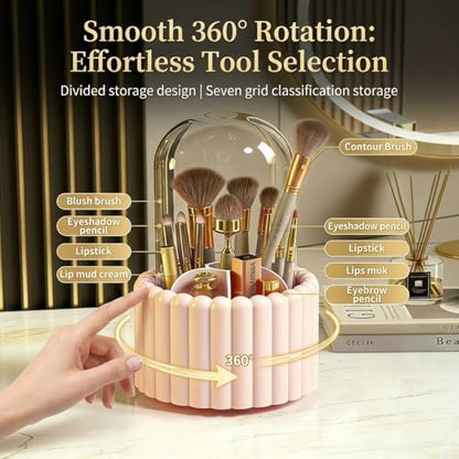 Makeup Brush Holder with Dustproof Lid, 360 Rotating Makeup Organizer for Vanity, 7 Slots Large Capacity Spinning Cosmetic Brushes Storage Box for Dresser, Bathroom Countertop, Pink