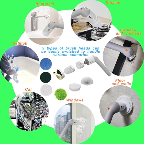 Electric Spin Scrubber,Bathroom Cleaner Brush with Full-Body IPX7 Waterproof,Shower Scrubber with Long Handle,Power Cleaning Brush with 9 Brush Heads,Cordless Scrubber for Kitchen,Tub,Tile,Galss,Floor