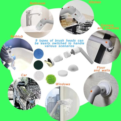 Electric Spin Scrubber,Bathroom Cleaner Brush with Full-Body IPX7 Waterproof,Shower Scrubber with Long Handle,Power Cleaning Brush with 9 Brush Heads,Cordless Scrubber for Kitchen,Tub,Tile,Galss,Floor