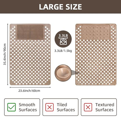 Shower Mat Non Slip: 35.4" x 23.6" Large PVC Heavy Shower Mats for Inside Shower - Quick Dry Shower Foot Scrubber Matt with Drain Hole and Suction Cups for Elderly - color: Khaki