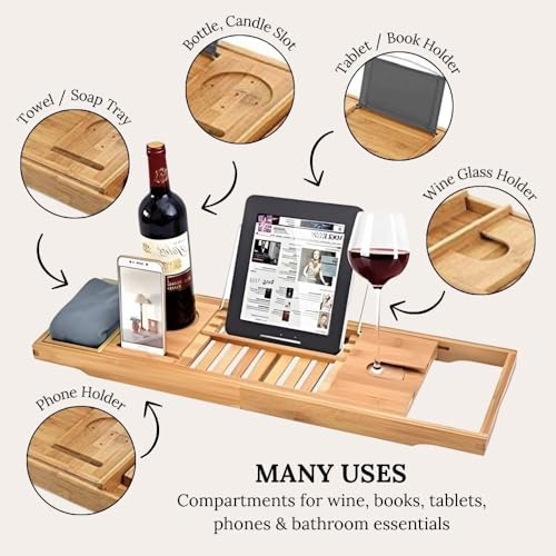 COLORANTIC | Bamboo Wood Bathtub Tray | Bathroom Caddy & Wine Holder | Cell Phone, iPad & Book Holder | Spa & Relaxation Gift for Women, Women & Parents | DIY Rustic Bath & Bathroom Organizer