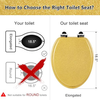 Angol Shiold Glitter Toilet Seat Molded Wood Elongated Toilet Seat with Quietly Close and Quick Release Hinges, Easy to Clean also Easy to Install (Elongated 18.5'', Yellow) - color: Yellow, size: Elongated 18.5‘’