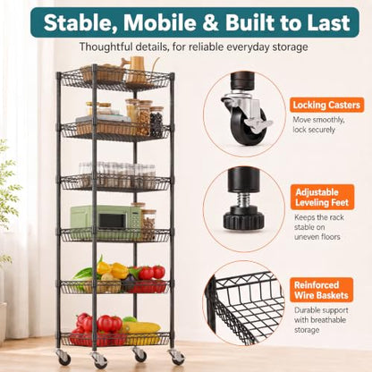 Himimi 6 Tier Rolling Storage Cart, Metal Wire Basket Rack with Wheels, Adjustable Storage Shelves Organizer Shelf for Kitchen Pantry Garage Laundry Room Bathroom, 17" W X 12" D X 63" H, Black - size: 17"W X 12"D X 63"H