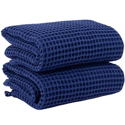 PÜSKÜL 2-Piece Natural 100% Turkish Cotton Waffle Bath Towels Extra-Large | Navy Blue, 32x63" Bath Sheet Towel, Light Soft Absorbent Quick-Dry Lint-Free Premium Honeycomb Weave Oeko-Tex Made in Turkiye - color: Navy Blue, size: Bath Towels - Pack of 2