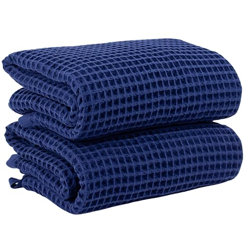 PÜSKÜL Natural 100% Turkish Cotton Waffle Bath Towels Set of 2, Extra-Large | Navy Blue, Oversize 32x63" Bath sheet towel for bathroom & beach. Honeycomb-Waffle weave, Premium oeko-tex made in Turkey. - color: Navy Blue, size: Bath Towels - Pack of 2