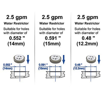 YOO.MEE 2.5 GPM Flow Restrictor Set, Multi-Hole Fit, 3-Pack | Fits 0.48''(12mm), 0.552''(14mm), 0.591''(15mm) holes, for fixed or handheld showers, water-saving
