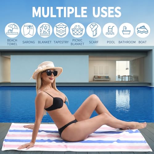 Beach Towel Set-4 Pack 30"x60" Sand Free Stripe Beach Towel for Pool,Bathroom,Soft Absorbent Quick Dry Lightweight Beach Bath Towel,Camping Blanket,Travel Towel,Beach Essentials for Adults,Pink/Blue - color: Blue/Pink