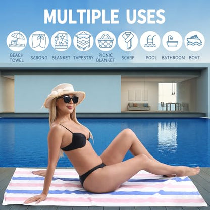 Beach Towel Set-4 Pack 30"x60" Sand Free Stripe Beach Towel for Pool,Bathroom,Soft Absorbent Quick Dry Lightweight Beach Bath Towel,Camping Blanket,Travel Towel,Beach Essentials for Adults,Pink/Blue - color: Blue/Pink