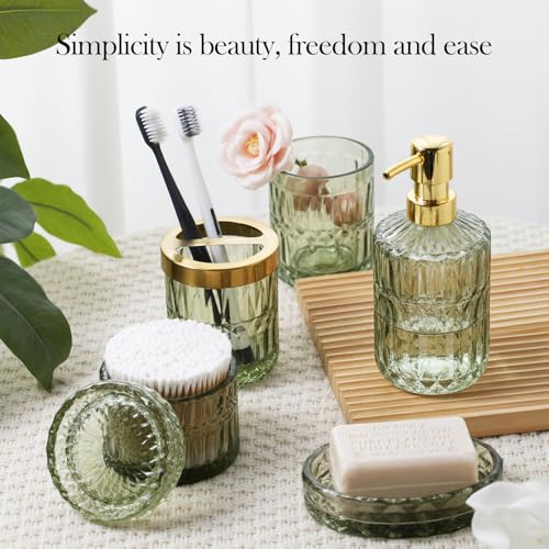 Bathroom Accessory Set 5 Pcs, Glass Bathroom Set Include Soap Dish, Toothbrush Holder, Mousewash Cup, Soap Dispenser, Cotton Swab Jar, Green - color: Green, style: 5 Pack